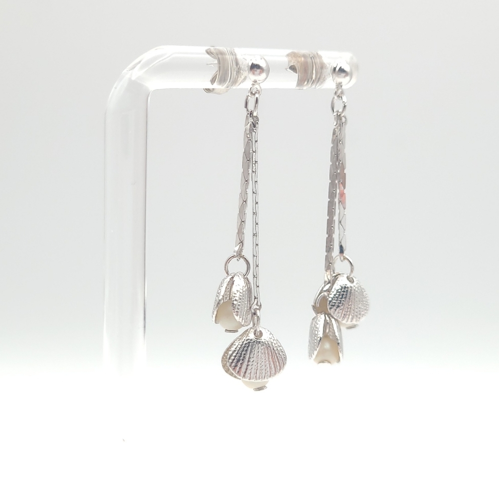 Silver Seashell Pearl Drop Earrings Coastal Dangle Jewelry